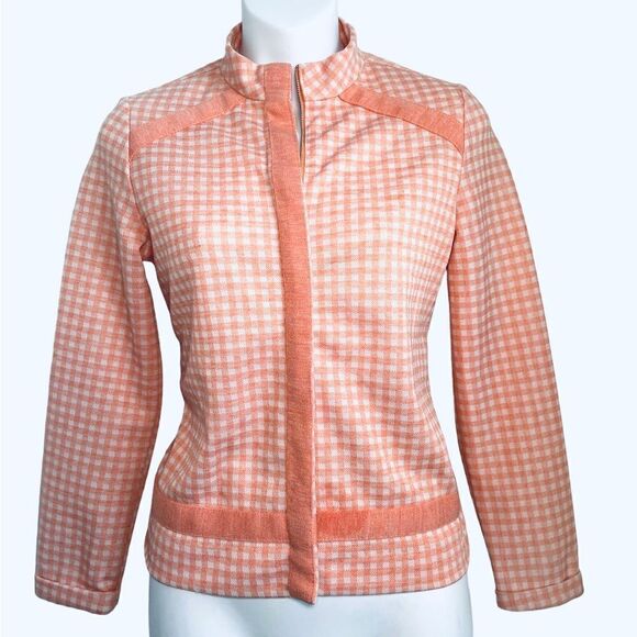 Vintage 1960s Plaid Nehru Jacket Small Peach White Retro - Picture 6 of 11